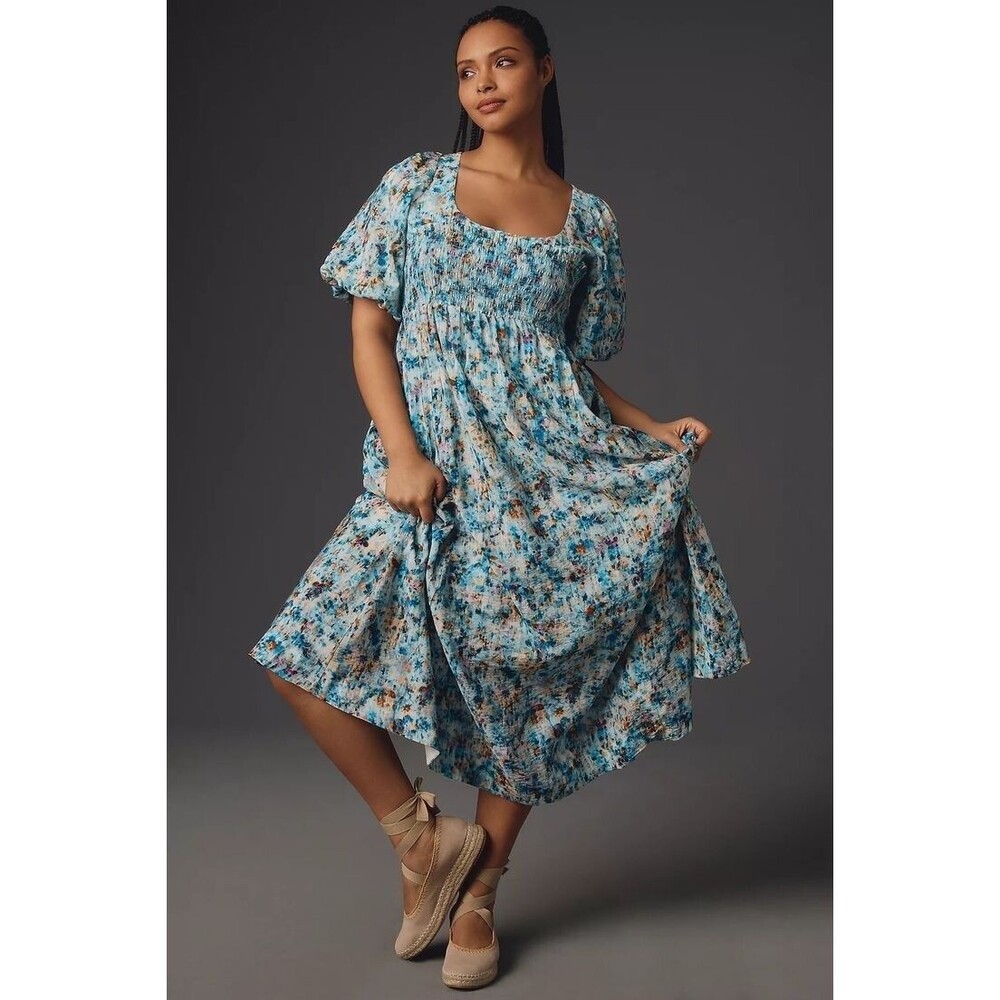 Anthropologie Short Puff Sleeve Smocked Babydoll Midi Dress XSP Blue Floral Boho
